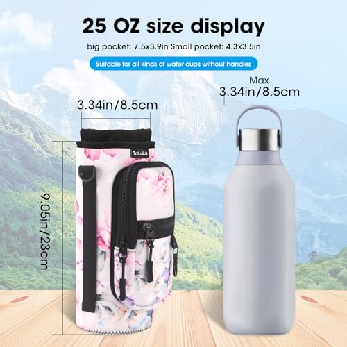 ToLuLu 25/32/40oz Water Bottle Carrier Bag Pocket,Insulated Neoprene Adjustable Shoulder Strap Water Bottle Pouch Case, Crossbody Water Bottle Holder Sling Sleeve for Men Women Adults - color: Pink Flowers, size: 25 OZ