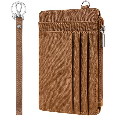 SEAVILIA Small Wallet for Women Slim Wristlet Keychain Wallets RFID Credit Card Holder With Zipper Pocket, ID Window (Brown) - color: Brown