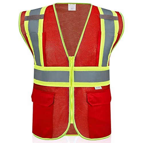 High Visibility Reflective Safety Vest with Zipper and Pockets Red,M - color: Red, size: Medium