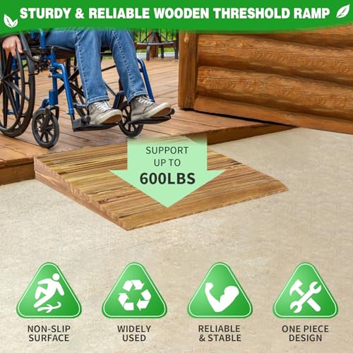 3" Rise Solid Wooden Threshold Ramp with Grooves for Home Steps/Wheelchairs - size: 3 inches