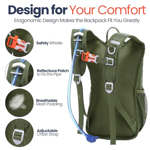 Shinylin Kids Hydration Backpack with 1.5L Water Bladder Hiking Backpack Lightweight for Boys or Girls Children Biking Climbing Running Cycling - color: Olive Green, style: Classic