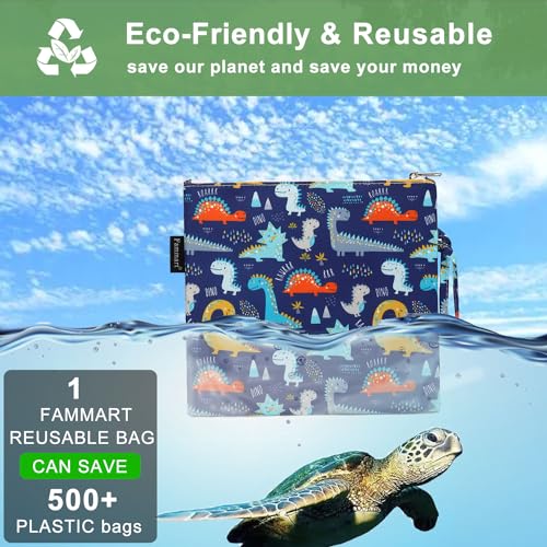 Fammart Reusable Sandwich Bag/Snack Bag for Kids & Adults, Dual Layer Lunch Bag with Handle, Cosmetic Bag Makeup Travel Bag for Women Girls, Washable, Food Safe, BPA Free (1-Pack, Dinosaur) - color: Large, 1 Pack - Dinosaur