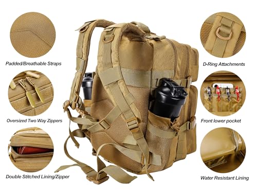 LHI Tactical Military Backpack for Men and Women 25L/35L Army Assault Pack Bag Small Rucksack with Bottle Holder - color: 35l-khaki, size: Medium