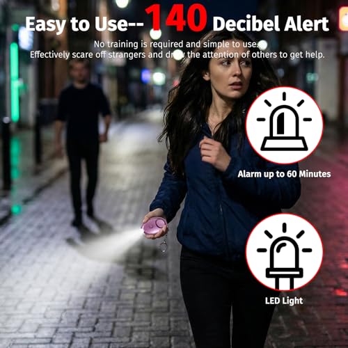 Personal Alarm for Women, 5Pcs 140dB Self Defense Keychain LED Light - color: Black, Silver, Purple, Gold, Blue