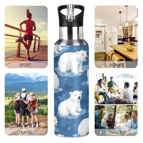 OTVEE Cartoon Polar Bear Water Bottle Sports Water Bottle Insulated Stainless Steel Hot Cold Water Mug with Straw Lid & Handle for Sports Gym 20 oz - color: Cartoon Polar Bear