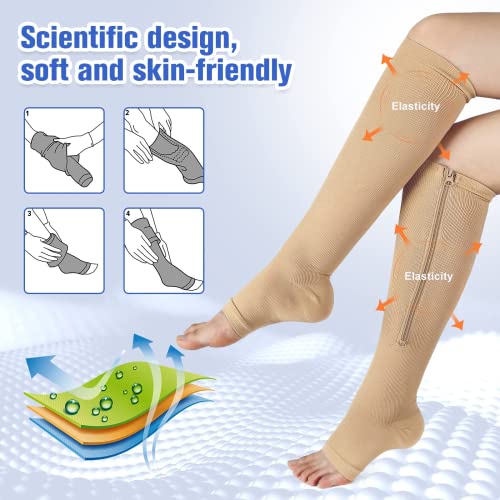 bropite Zipper Compression Socks Women & Men - 2Pairs Calf Knee High 15-20mmHg Open Toe Compression Stocking suit for Walking - color: B- Nude, size: Xx-large