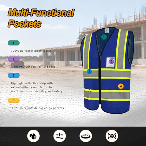 Safety Vest for Men 5 Pockets Mesh High Visibilitv Vest, Blue L - color: Blue, size: Large