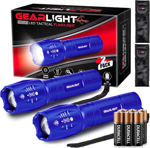 GearLight LED Flashlight High Lumens, Mini Tactical LED Flashlight 2 Pack, 5 Modes Zoomable Beam, Battery Powered for Camping, Hunting, Home & Emergency, Compact Small LED Flashlight (Blue) - color: Blue 2 Pack