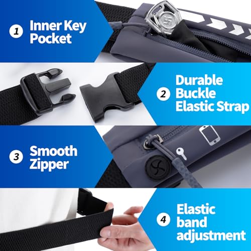 USHAKE Slim Running Belt Women Men, Bounce Free Fanny Pack Phone Holder - color: Dark Grey