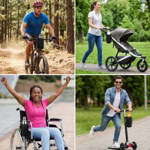 Bike Water Bottle Holder for Handlebar, Bike Cup Holder with Mesh Pockets and Removable Strap, Bicycle Water Bottle Drink Holders for Scooter Wheelchair Mountain Bikes E-Bike Road Bikes