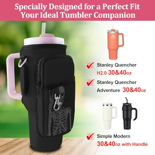 Stanley Carrier Bag for Stanley 40oz/30ozTumbler with Phone with 2 Adjustable Strap,3 Pockets Bottle Stanley Cup Carrier Bag & Case,Accessories for Hiking Travelling - color: Gothic Skeleton