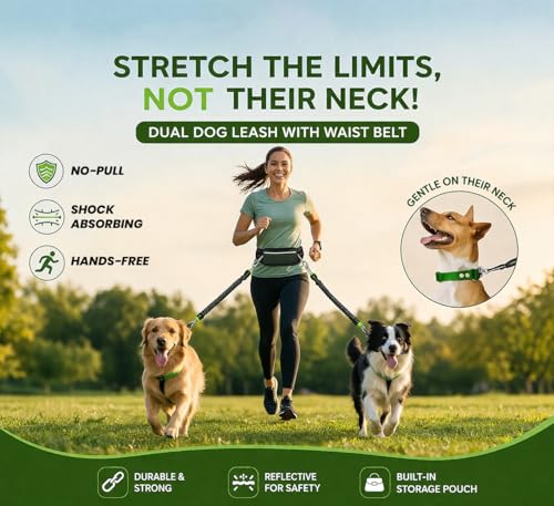 Hands Free Dog Leash 2 Dogs with Padded Handles and Zipper Pouch for Treats