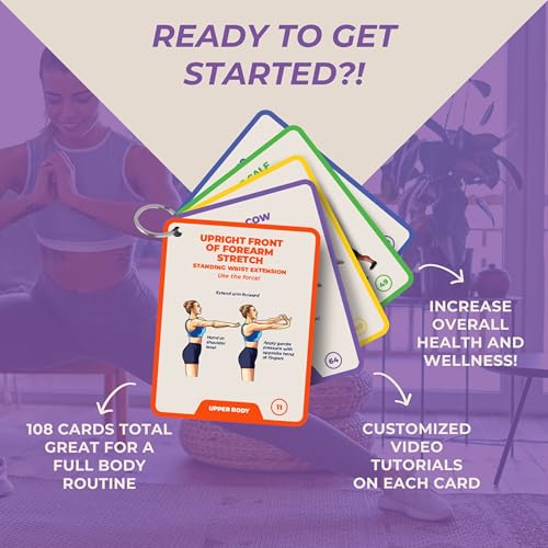 Stretching Exercise Cards – 100 Illustrated Flexibility and Mobility Flash Cards Designed by a Physical Therapist with Video Tutorials for Men and Women