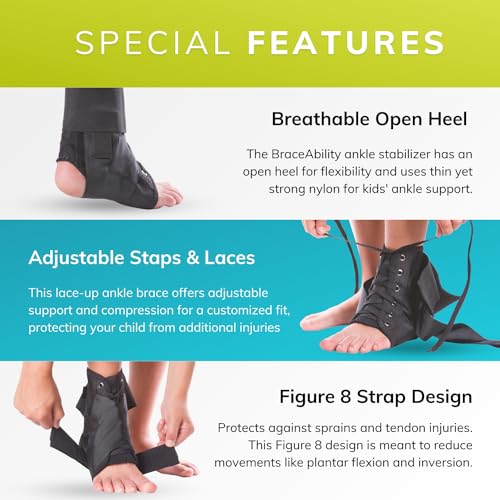 BraceAbility Lace Up Kids Ankle Brace - Pediatric Figure 8 Sprained Foot Support Wrap for Active Youth, Children in Sports, Basketball Protection, Gymnastics, Soccer, and Volleyball (Small) - size: Small