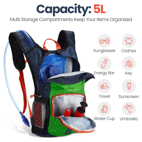 Shinylin Kids Hydration Backpack with 1.5L Water Bladder Hiking Backpack Lightweight for Boys or Girls Children Biking Climbing Running Cycling - color: Green, style: Classic