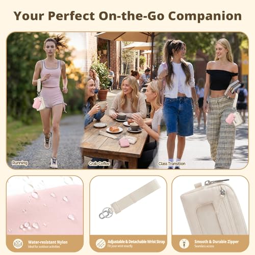 Dual Pouch Wristlet Keychain Wallet for Women, Coin Purse with RFID Blocking, Nylon Phone Wallet & Card Holder - color: Creamy Beige+Blush Pink