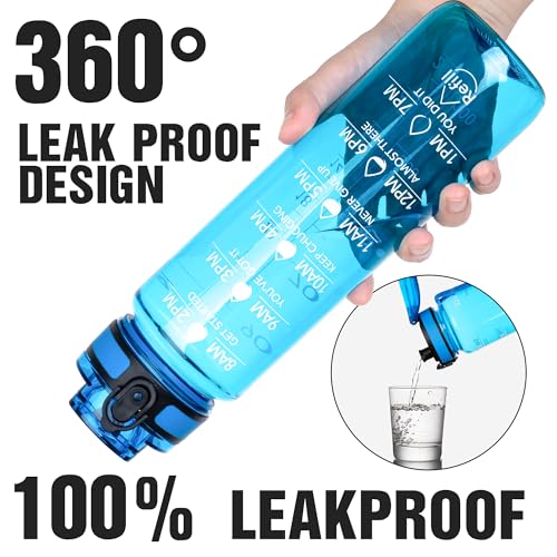 OLDLEY Water Bottle, 32oz Motivational Sports Water Bottle with Time Marker - Times to Drink - Tritan, BPA Free, Wide Mouth Leakproof, Glacial Blue (1 Bottle) - color: A-Glacial Blue