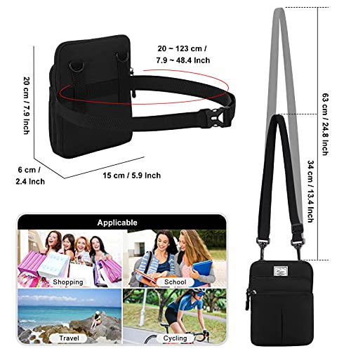 KAMO Multifunction Phone Waist Bag - Diagonal Cross Body Smart Phone Case Outdoor Bag with Triple Zip for Women & Men - color: Black