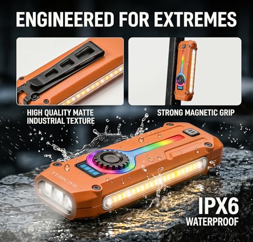 HAUSBELL Flat EDC Flashlight 1800LM Turbo, 0.6" Ultra-Slim Pocket Light with Stepless Dimming Dial, Magnetic Base, 365nm UV & Red Laser, Side-COB Flood, USB-C Fast Charge, IP44 Weatherproof - color: Orange