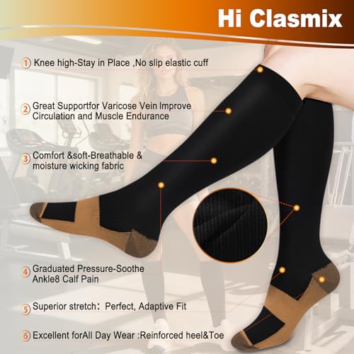 Compression Socks for Women&Men 20-30mmHg Graduated Knee High Stocking - color: 03-5 Pairs Black Copper, size: Large-X-Large