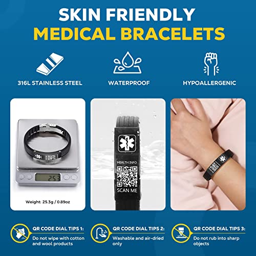 Medical Bracelets for Men Women with QR Code Medical Alert ID Bracelets - color: Piano Black