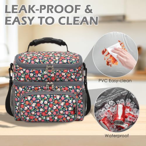 FlowFly Double Layer Cooler Insulated Lunch Bag Adult Lunch Box Large Tote Bag for Men, Women, With Adjustable Strap,Front Pocket and Dual Large Mesh Side Pockets - color: Floral