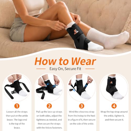 Ankle Brace Support Lace Up for Women & Men, 4 Stays for Sprains - color: Matte Black