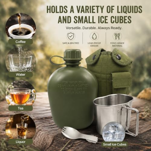 BeGrit Army Canteen Stainless Steel Cup w/Spoon Fork for Backpacking