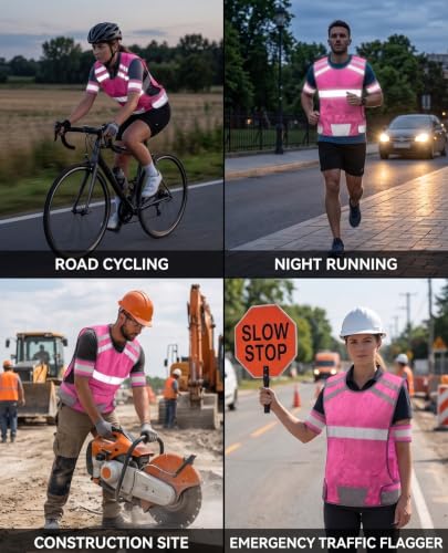 Mesh Safety Vest with Pocket & 2 Wrist Bands, High-Visibility Running Vest - color: Pink, size: Large
