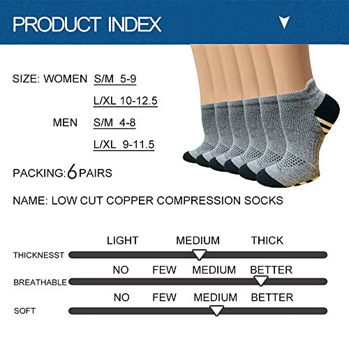 Sooverki Copper Compression Socks Women and Men 6 Pairs - Circulation Arch Support Plantar Fasciitis Running Ankle Socks - color: A3 - 6 Gray No Show, size: Large-X-Large