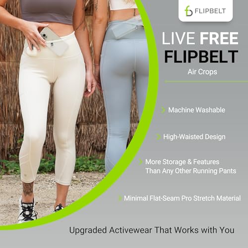 FlipBelt Women's Air Crop Legging Yoga Pants Breathable High-Waisted Workout Leggings with Running Belt Pockets Athletic - color: Bone, size: Medium