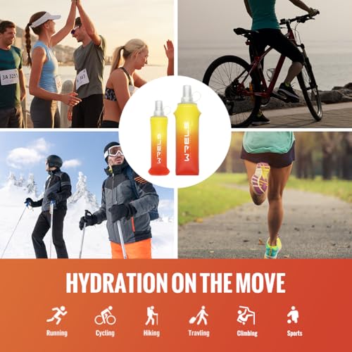 WRELS TPU Soft Flask Lightweight Portable Reusable Water Bottle,BPA Free Collapsible Flask for Hydration Pack in Running Hiking Cycling and Marathon - color: Orange-yellow-250ML*2