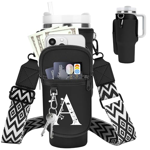 Initial Water Bottle Holder with Strap for Stanley Cup 40 oz Tumbler - color: Black, style: A