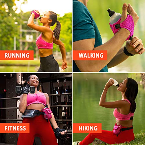 2-in-1 Running Fun: Handheld 12 Oz Water Bottle & Running Belt Add-On. No-Grip Design Straps on Hand & Slides on Belt. Waterproof Pocket for Money, Keys. Maximize Time, Freedom & Health - color: Hot Pink
