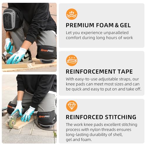 GRENPRO Heavy Duty Knee Pads, Gel Foam, Construction Work Gardening Gray - color: Gray