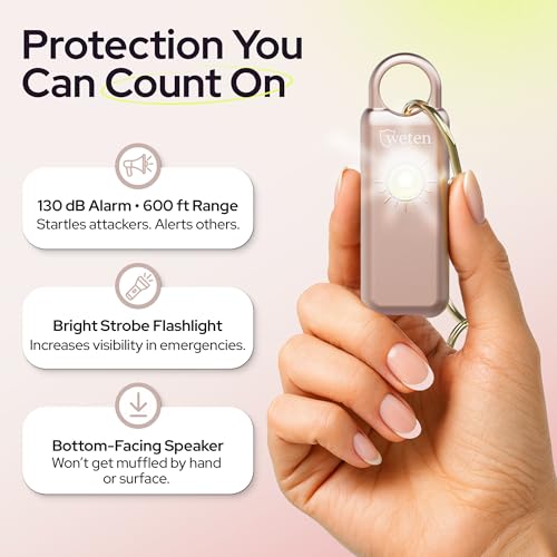 Personal Safety Alarm Keychain for Women, 130dB Siren, LED Strobe, USB-C - color: Metallic Rose