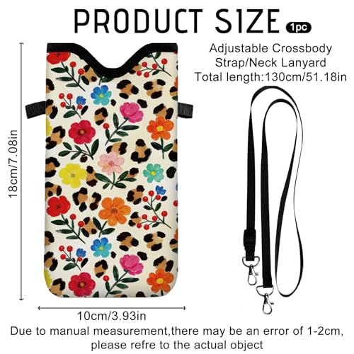 GLOBLELAND Flower Nylon Cell Phone Sleeve Pouch Case Bag 7.1×3.9 inch Leopard Print Shockproof Universal Phone Bag with Crossbody Strap Neck Lanyard for Women Men Phone Headphones Watch - color: Flowers