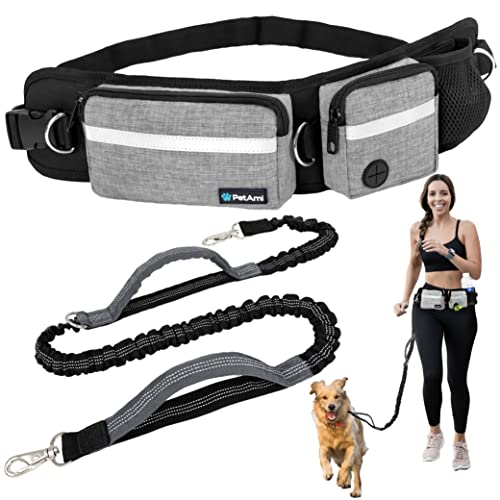 PetAmi Hands Free Dog Leash with Waist Running Belt Bag, Single (Gray) - color: Heather Grey, size: 1 Leash