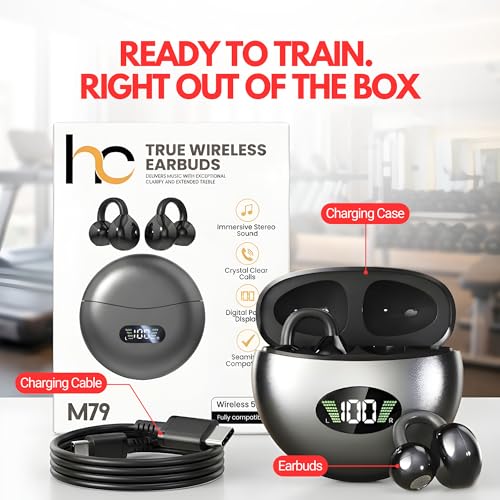 Clip On Earbuds, Open Ear Wireless Bluetooth 5.4 Headphones, Mic, Black