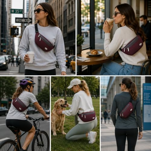 Entchin Water-Resistant Fanny Pack, 4-Zipper Belt Bag - color: Burgundy