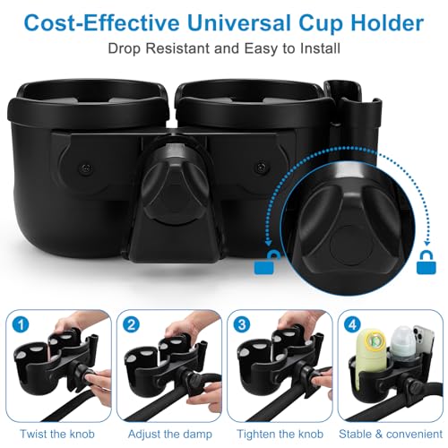 Accmor Stroller Cup Holder with Phone Holder, Bike Cup Holder, Walker Scooter Wheelchair Cup Holder Attachment, Universal Cup Holder for Uppababy Graco Strollers - color: Double Holder-All Black