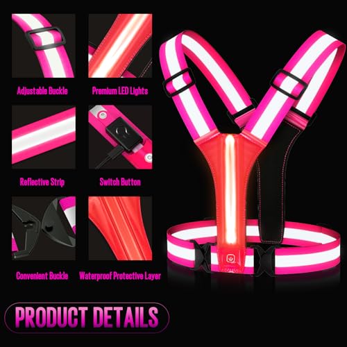 LED Reflective Vest Running Gear, Light Up Running Vest Rechargeable, Night Safety Gear for Walking Running Cycling - color: Pink