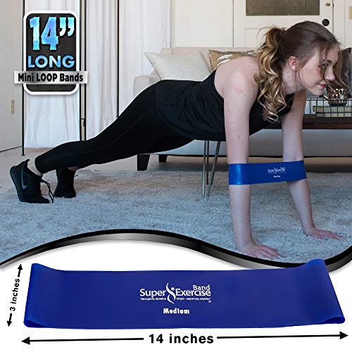 USA 14" x 3" Extra Long Latex Free Mini Loop Bands in 3, 5, 10 Pack Sets. 10 Strengths for Resistance Training, Stretching, Yoga, Toning. Plus an Exclusive iPhone App and E-Book. - color: l. Blue MEDIUM Loop Band 5 Pack