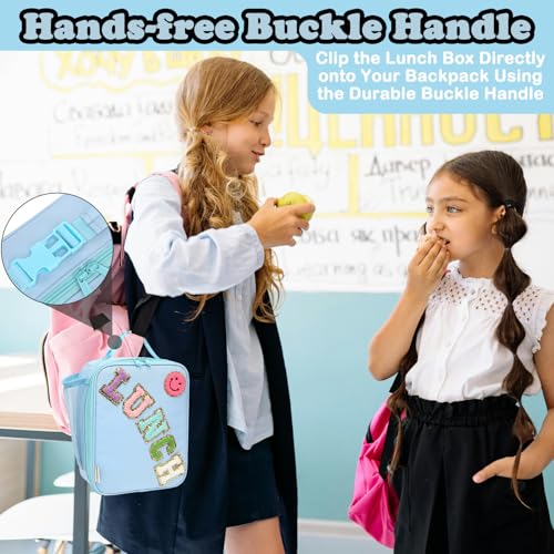 FlowFly Lunch box Insulated Soft Bag Mini Cooler Back to School Thermal Meal Tote Kit With Buckle and Mesh Side Pocket for Girls, Boys, BlueWithLetter - color: BlueWithLetter