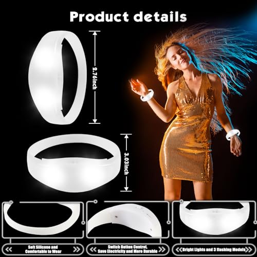 12 Pcs LED Glow Bracelets Sound Activated Flashing Light Up Bracelet for New Years Eve Glow in the Dark Party Supplies Christmas Party Favors Birthday Gift Carnival Concerts Night Events - color: White