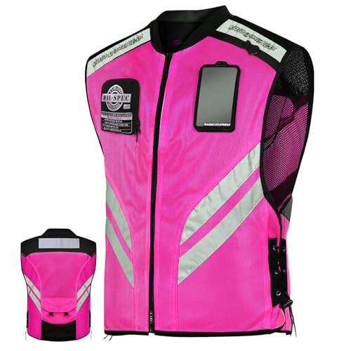 Pink Reflective Motorcycle Cycling Vest, Breathable Safety High Visibility Riding Vest For Women Adjustable Waist - size: Large