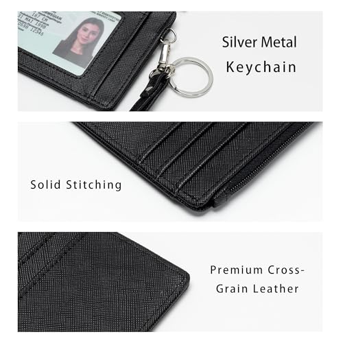 SEAVILIA Small Wallet for Women Slim Wristlet Keychain Wallets RFID Credit Card Holder With Zipper Pocket, ID Window (Black) - color: Black