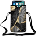 Universal Neoprene Cell Phone Pouch 7.1 X 4 in Mobile Protection Case Bag with Crossbody Strap/Neck Lanyard Black Marble Printed Pattern - color: Black Marble Printed Pattern