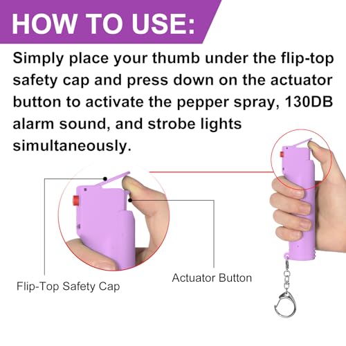 3-in-1 Personal Alarm with Pepper Spray, 130dB Siren, Red Strobe Lights, Replaceable Canister, Rechargeable, Self Defense Keychain for Women - color: Purple