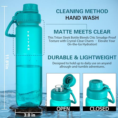 OLDLEY 32oz Water Bottle with Handle, BPA-Free Tritan Reusable Sports Water Bottle with Leak-Proof Dust Lid, Wide Mouth, Cup Holder Friendly, Half Frosted Clear Bottle for Gym, Travel, Work,Aqua Blue - color: Aqua Blue